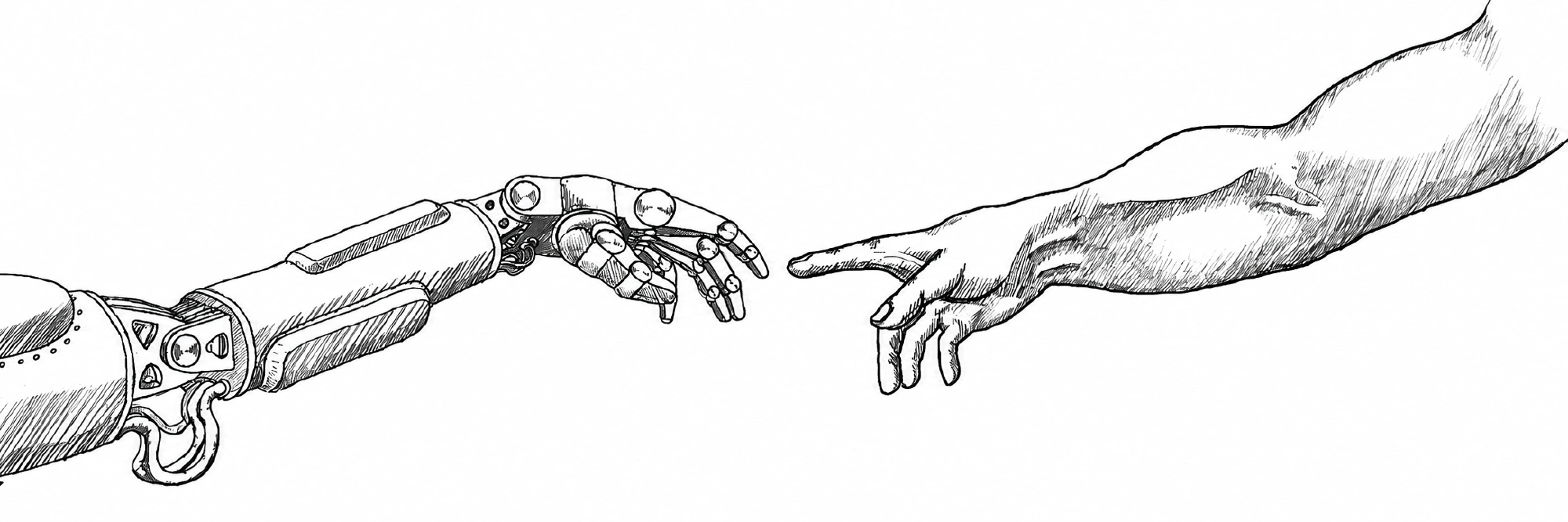 Pen-and-ink drawing of a robot arm and a human arm reaching toward each other